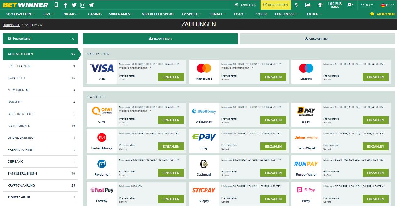 Betwinner Zahlungen